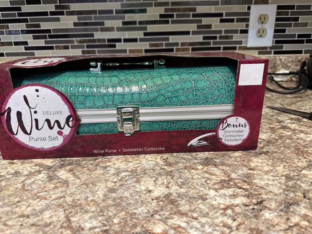 Deluxe Wine Purse Set Teal Faux Crocodile Skin Case with Sommelier Corkscrew